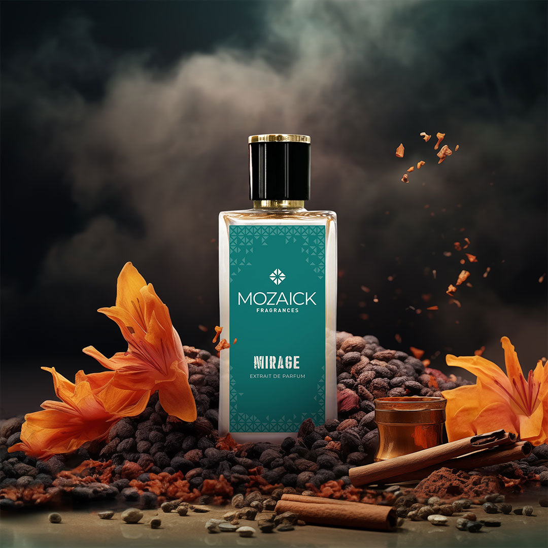MIRAGE Extrait de Parfum 50 ml by MOZAICK – bottle with orange lilies, cinnamon sticks and spices against dark smoke